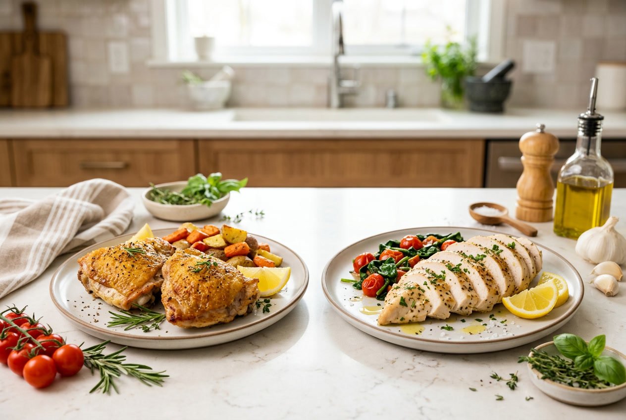 Two plates on a kitchen countertop showing cooked chicken thighs with skin and skinless chicken breast pieces, surrounded by fresh herbs and vegetables.
