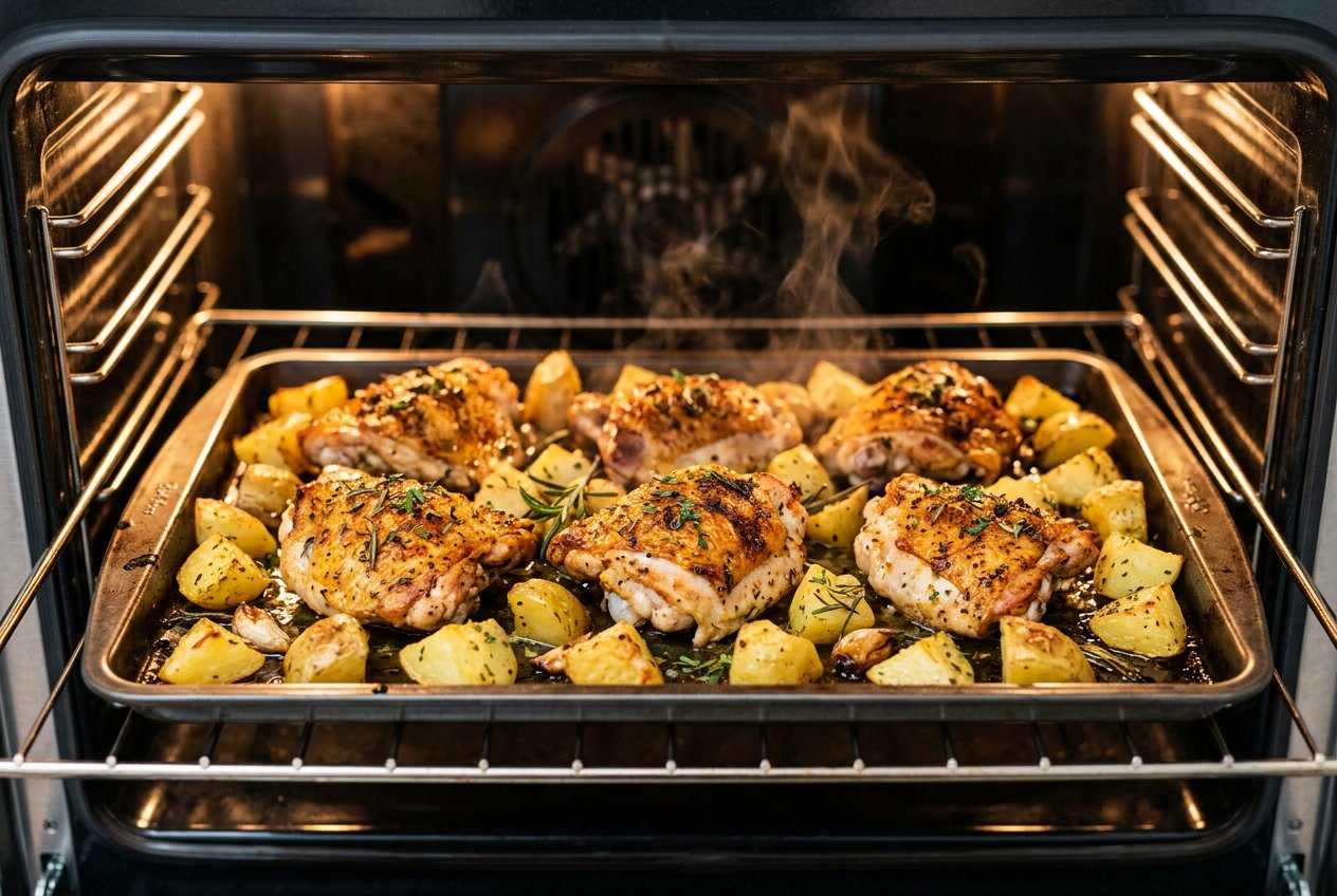 Golden-brown chicken thighs and roasted potatoes cooking inside an oven.