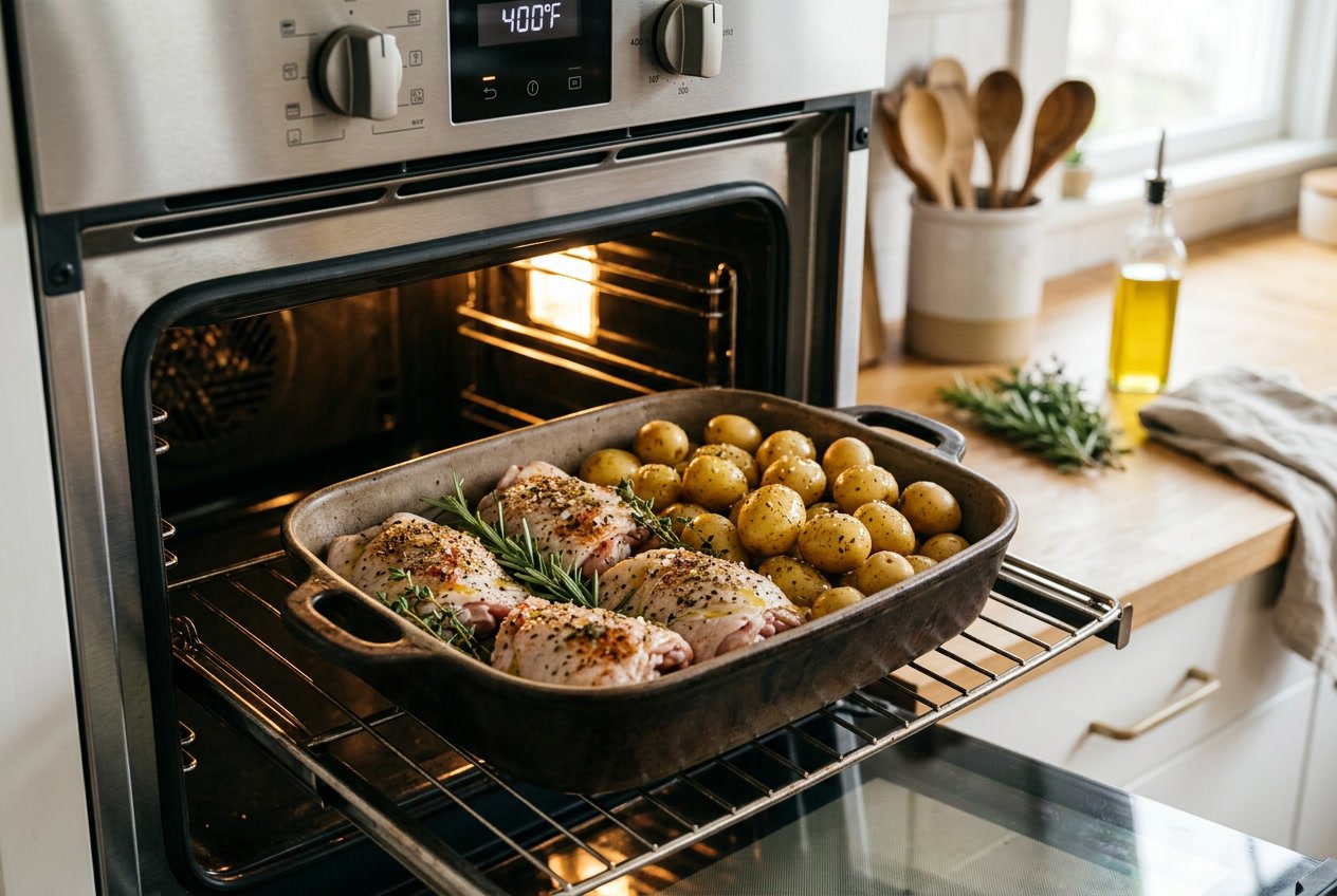Raw chicken thighs and baby potatoes seasoned and arranged in a baking dish inside an open oven, ready for roasting.