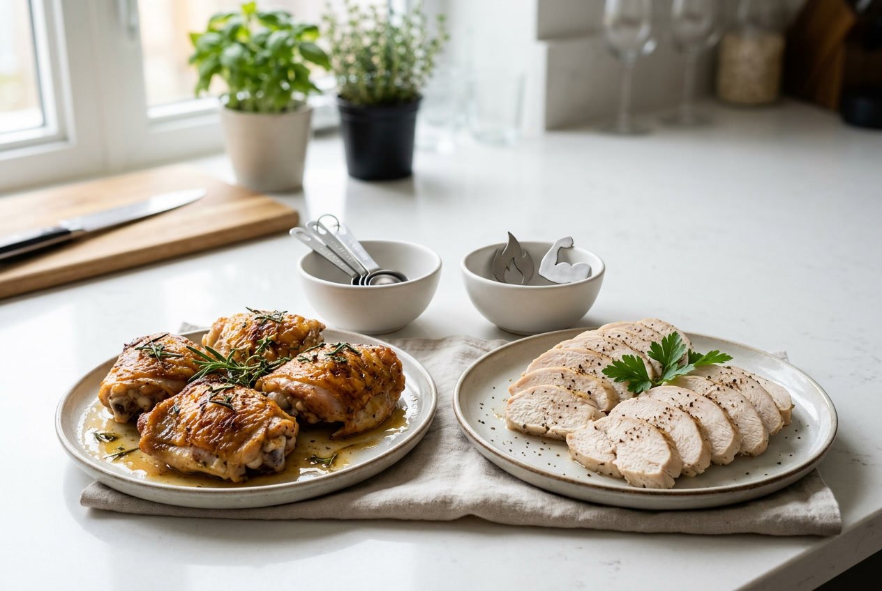 Two plates on a kitchen countertop, one with cooked chicken thighs and the other with cooked chicken breasts, with small bowls nearby representing calories and protein.