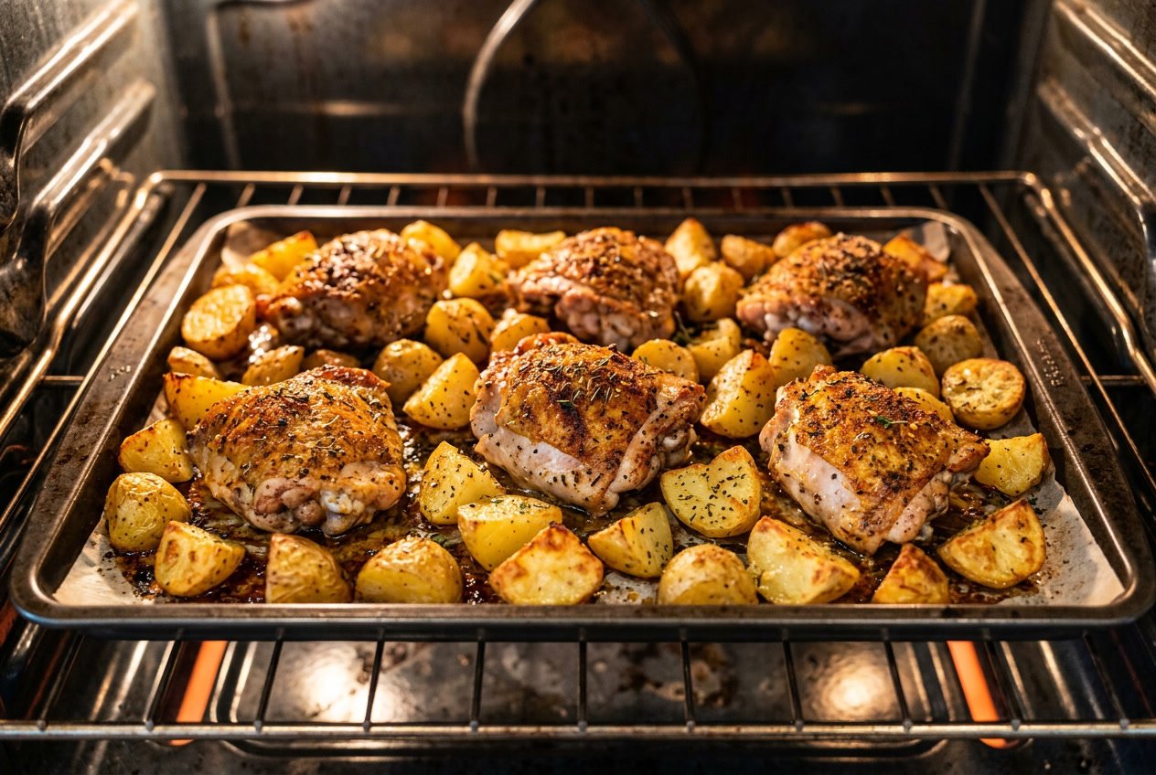Close-up of chicken thighs and roasted potatoes cooking inside an oven on a baking tray.