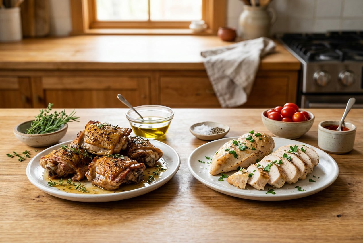 Two plates on a kitchen countertop, one with cooked chicken thighs and the other with cooked chicken breasts, surrounded by small bowls of herbs and spices.
