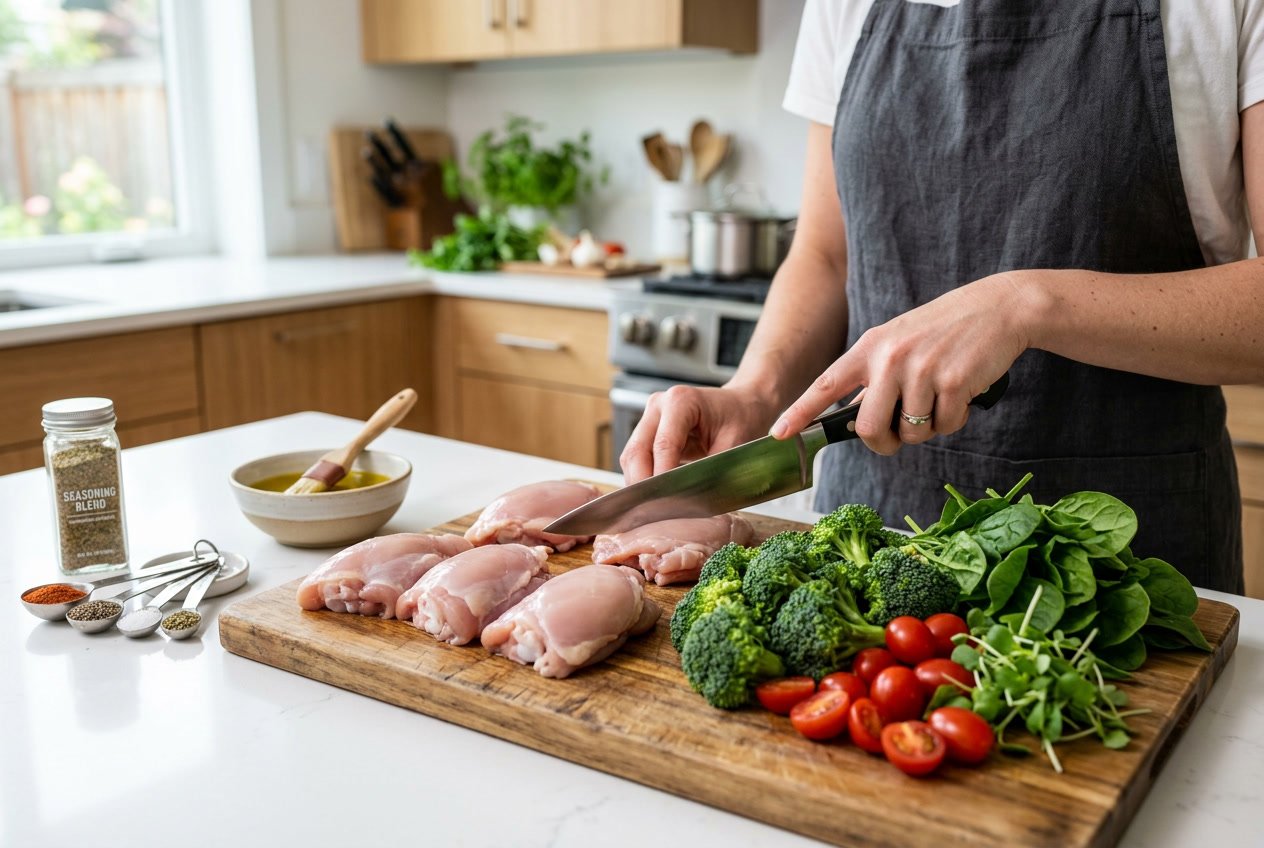 Raw chicken thighs on a cutting board with fresh vegetables and a hand preparing to slice them in a kitchen.