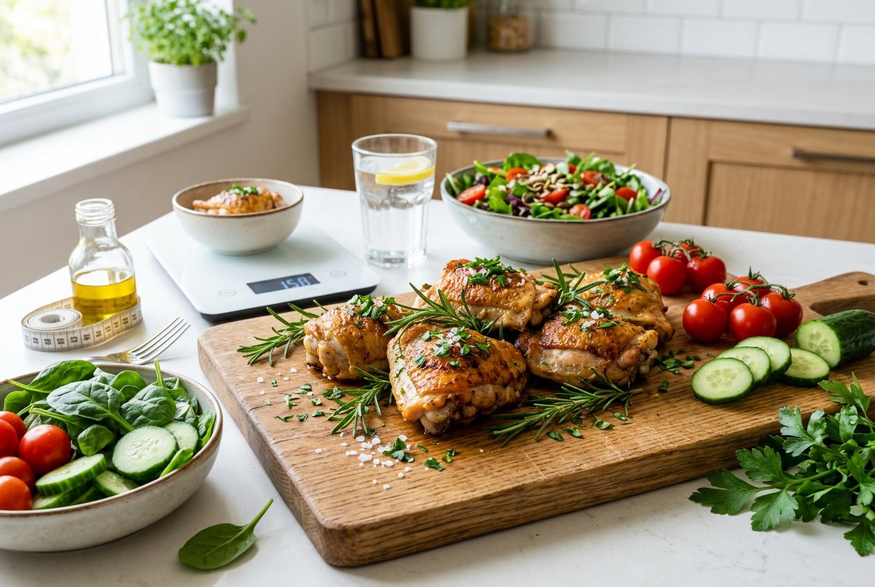 Cooked chicken thighs on a cutting board surrounded by fresh vegetables and kitchen tools in a bright kitchen.