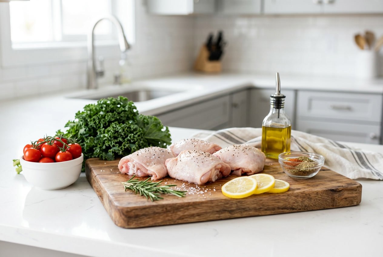 Raw chicken thighs on a wooden cutting board surrounded by fresh vegetables and herbs in a kitchen.