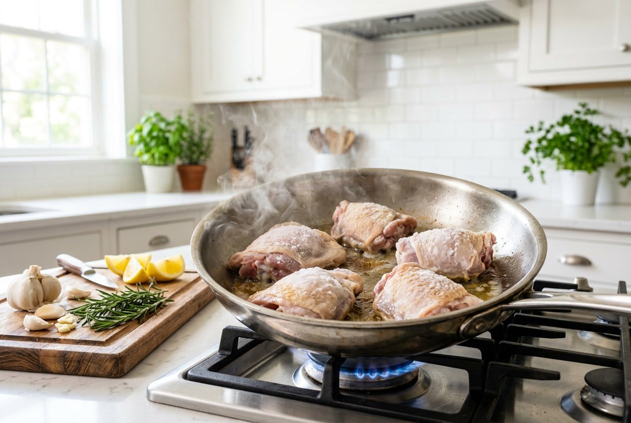 Raw chicken thighs with frost cooking in a skillet on a stovetop with fresh herbs and lemon nearby.