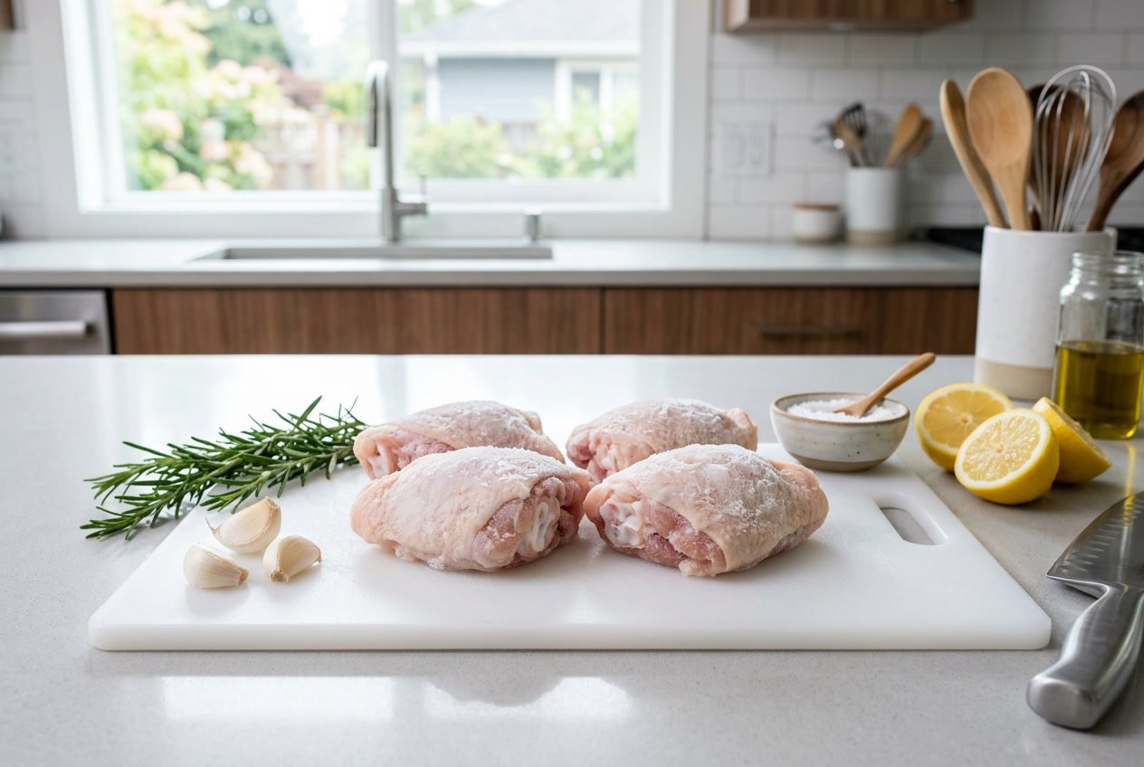 Raw frozen chicken thighs on a cutting board with fresh herbs and garlic in a kitchen.
