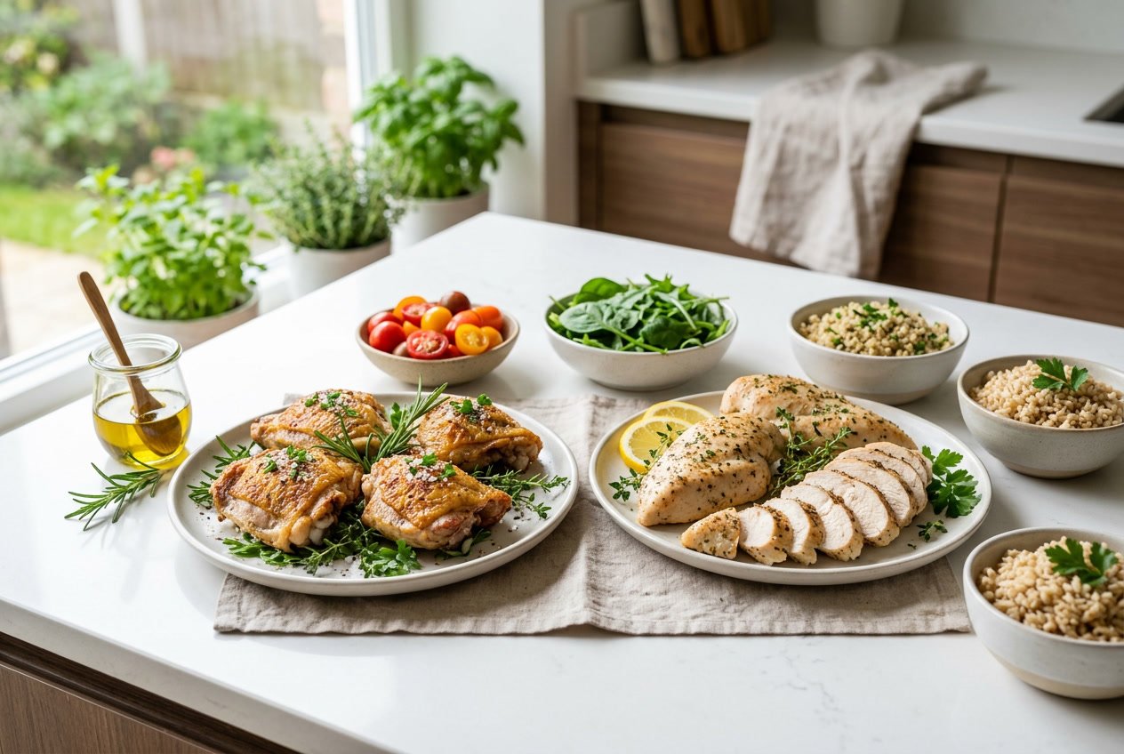 Two plates on a kitchen countertop: one with cooked chicken thighs and the other with cooked chicken breasts, both garnished with fresh herbs and surrounded by healthy ingredients.
