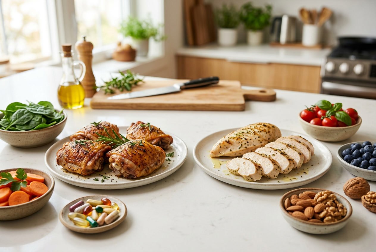 Two plates on a kitchen countertop showing cooked chicken thighs and chicken breasts with small bowls of fresh vegetables and supplements nearby.