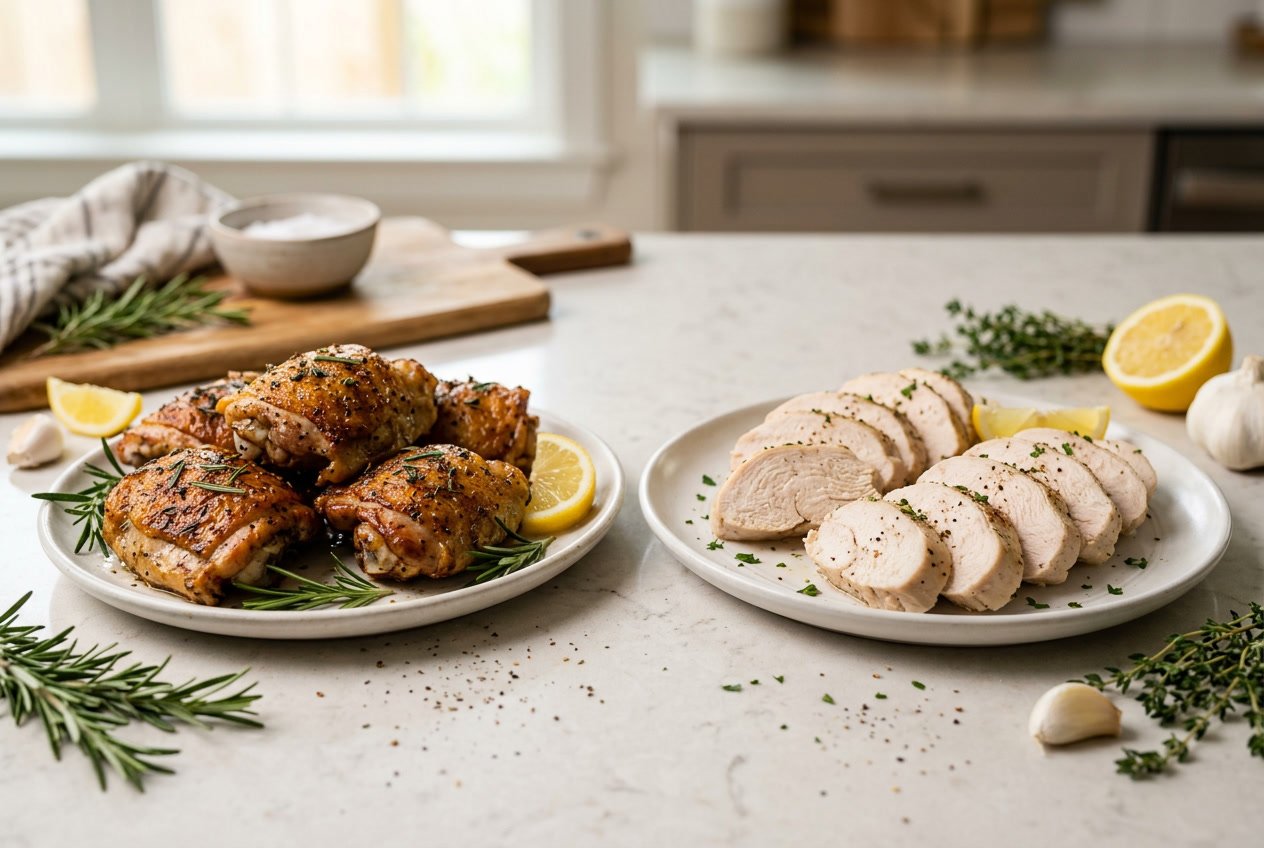 Two plates on a kitchen countertop, one with cooked chicken thighs and the other with cooked chicken breast slices, surrounded by fresh herbs and lemon wedges.