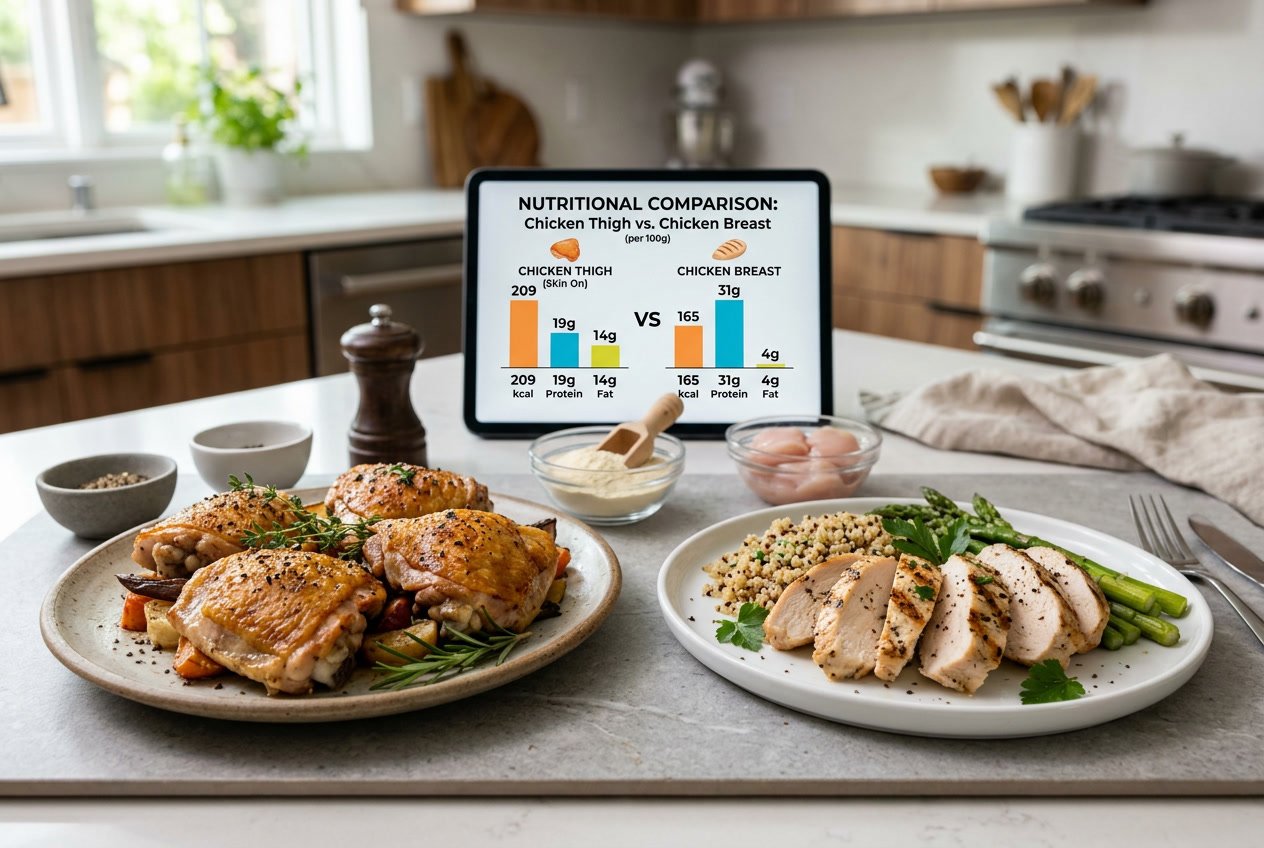 Two plates on a kitchen countertop, one with cooked chicken thighs and the other with chicken breast slices, alongside small bowls and a tablet showing nutritional information.