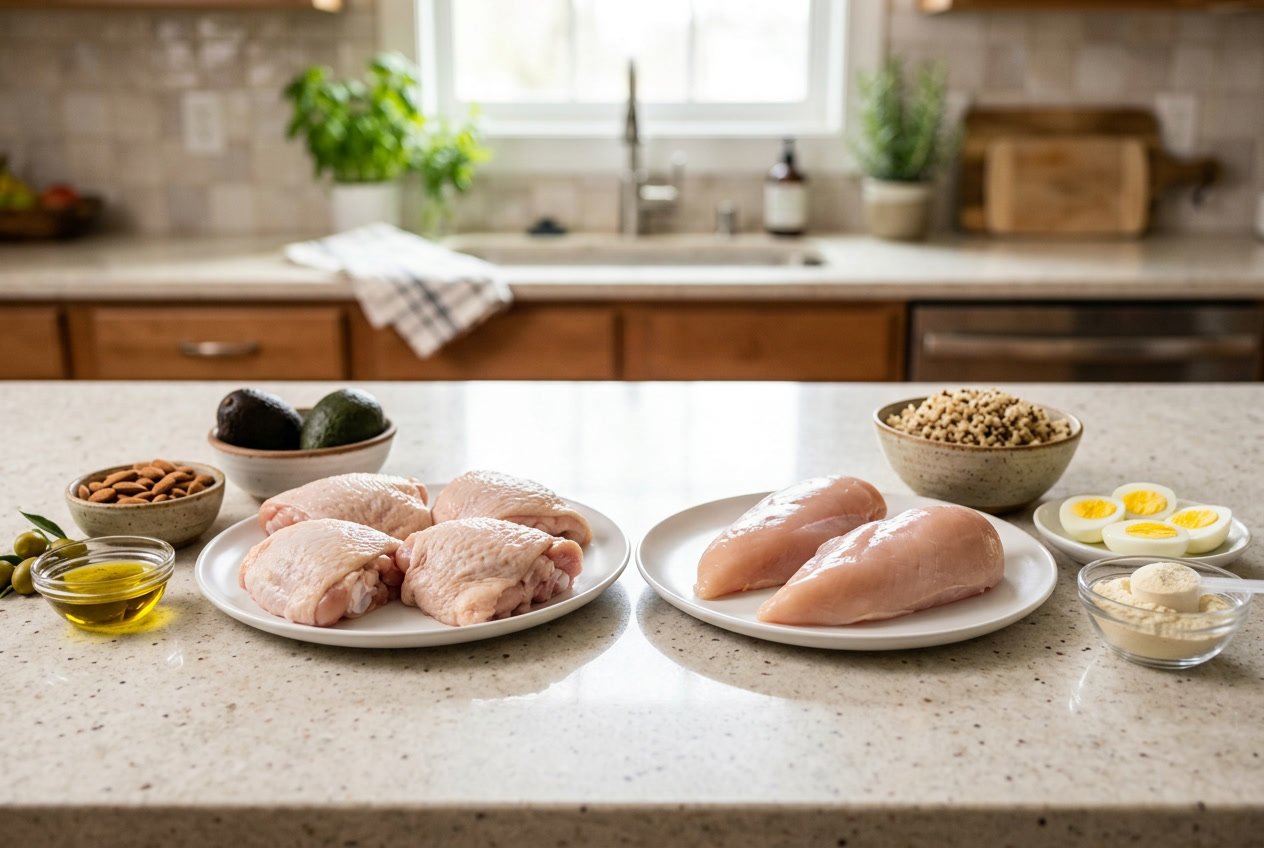 Raw chicken thighs and chicken breasts on separate plates with small bowls of ingredients representing fats, carbohydrates, and proteins arranged on a kitchen countertop.
