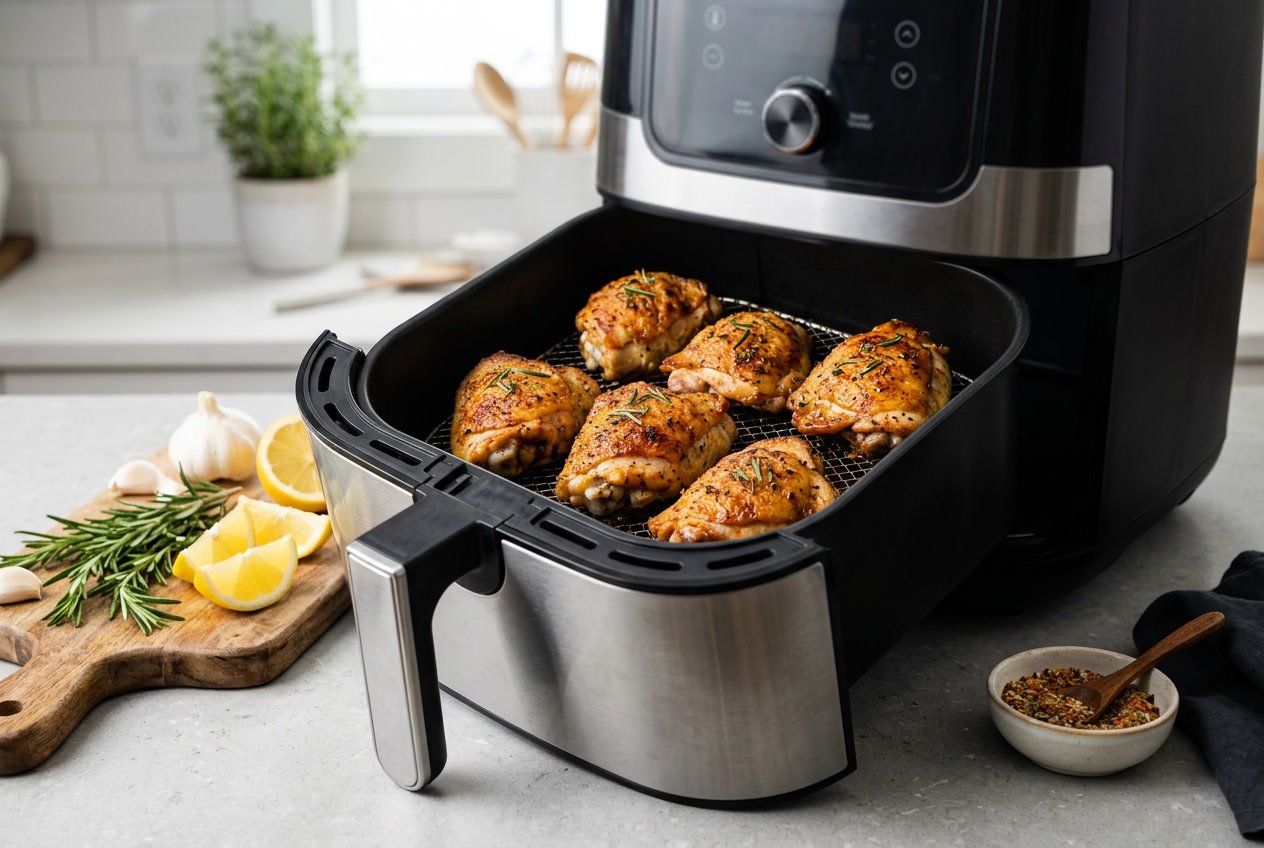 Golden-brown chicken thighs cooking inside an open air fryer on a kitchen countertop with fresh herbs and lemon nearby.