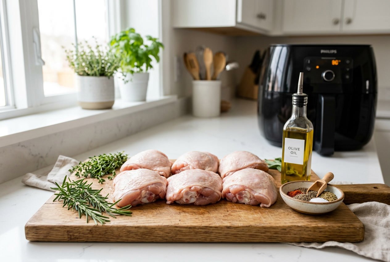Fresh raw chicken thighs on a cutting board with herbs and spices next to an air fryer in a kitchen.