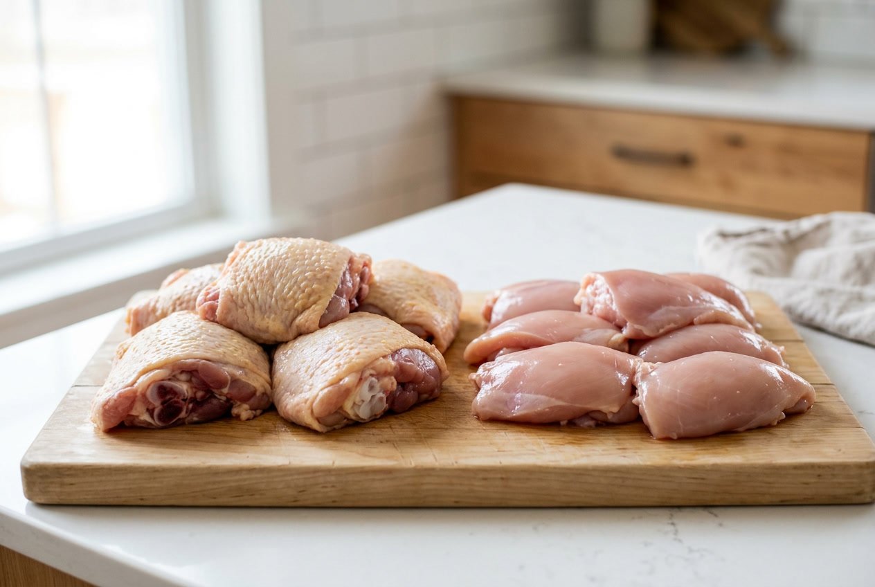 Raw chicken thighs with skin and bone next to skinless, boneless chicken thigh fillets on a kitchen countertop.