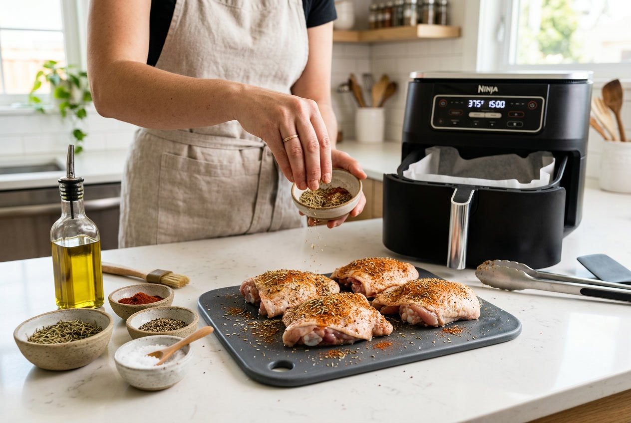 Hands seasoning raw chicken thighs on a kitchen countertop next to an open air fryer and bowls of spices.