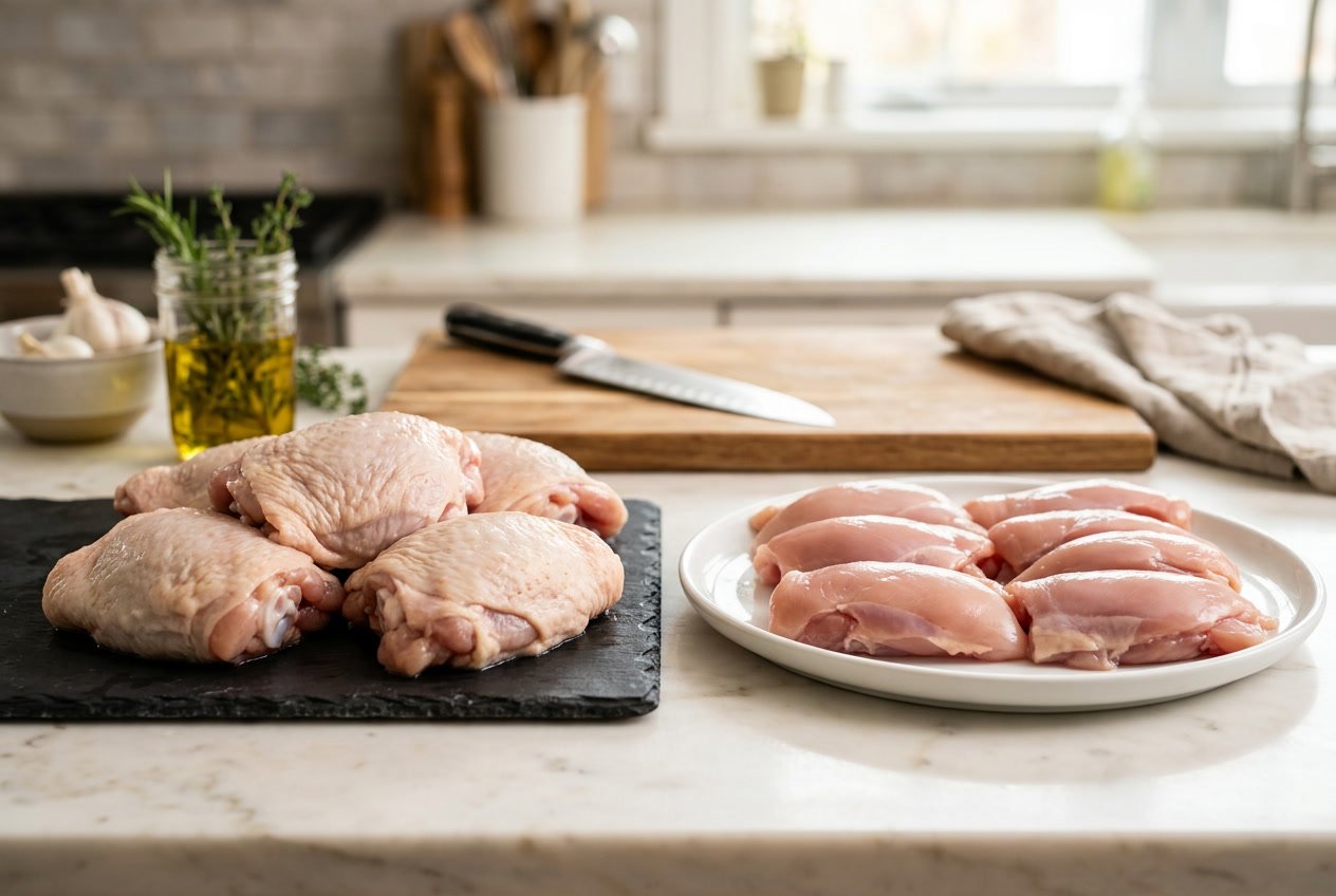 Raw chicken thighs with skin and bone next to boneless, skinless chicken thigh fillets on a kitchen countertop.