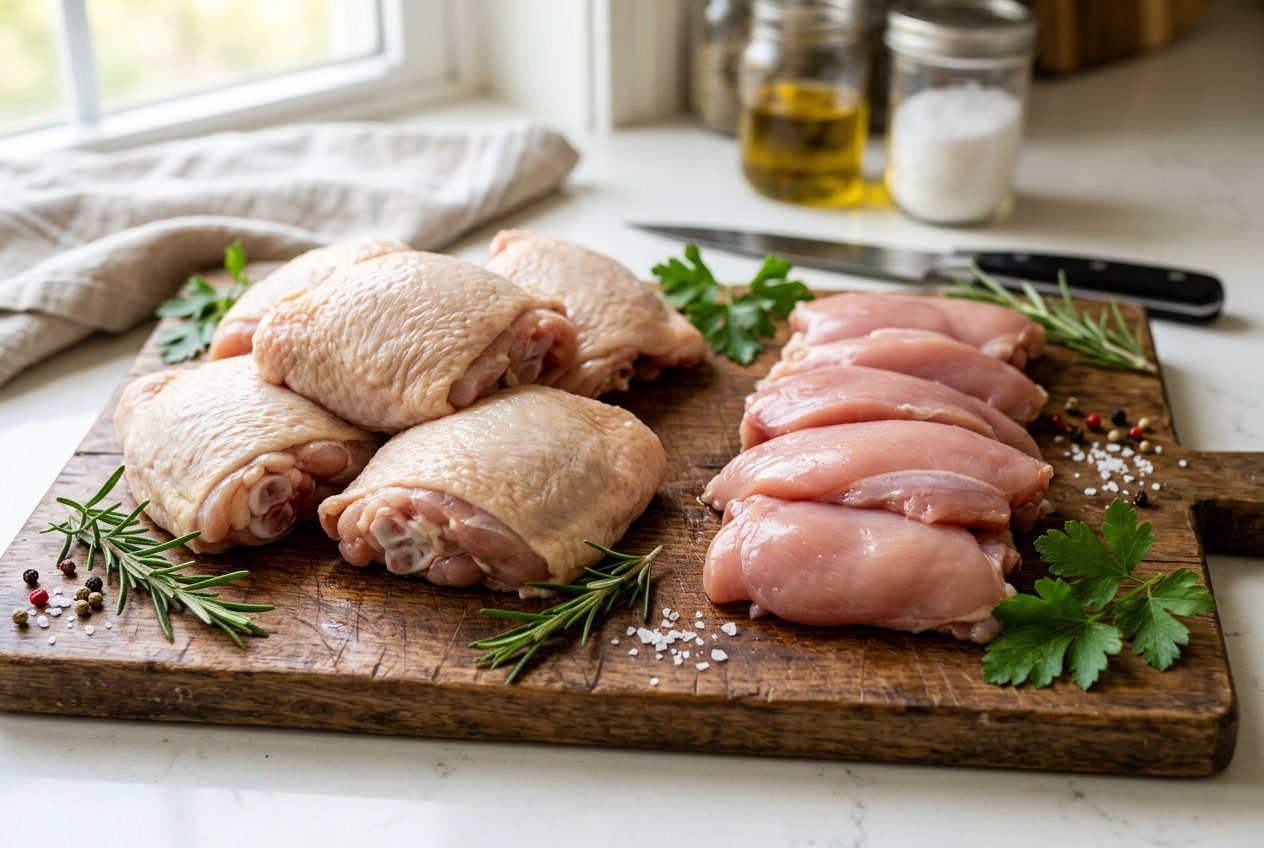 Raw chicken thighs and chicken thigh fillets displayed side by side on a wooden cutting board with fresh herbs around them.