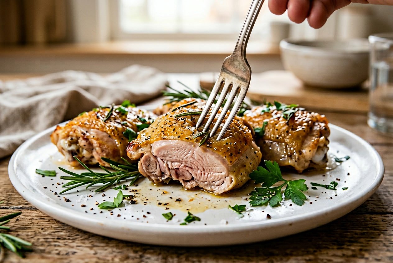 Close-up of cooked chicken thighs on a white plate with herbs, showing a slight pink color near the bone.