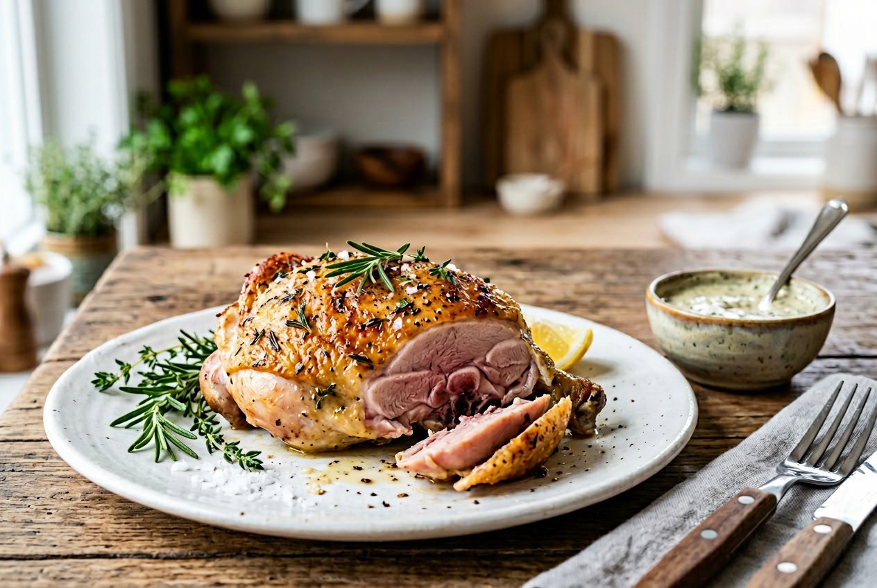 A cooked chicken thigh on a white plate with fresh herbs and a small bowl of sauce on a kitchen counter.