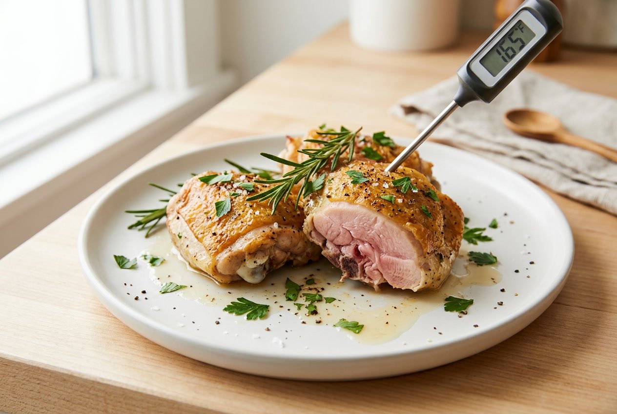 Close-up of cooked chicken thighs on a white plate with a food thermometer showing a safe temperature.