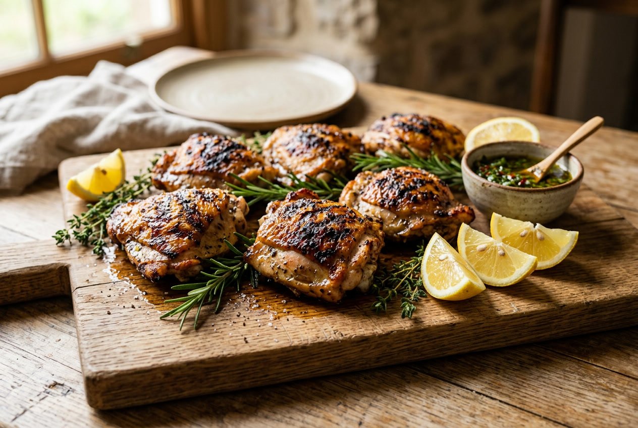Cooked chicken thighs with crispy golden skin on a wooden cutting board, garnished with fresh herbs and lemon wedges.