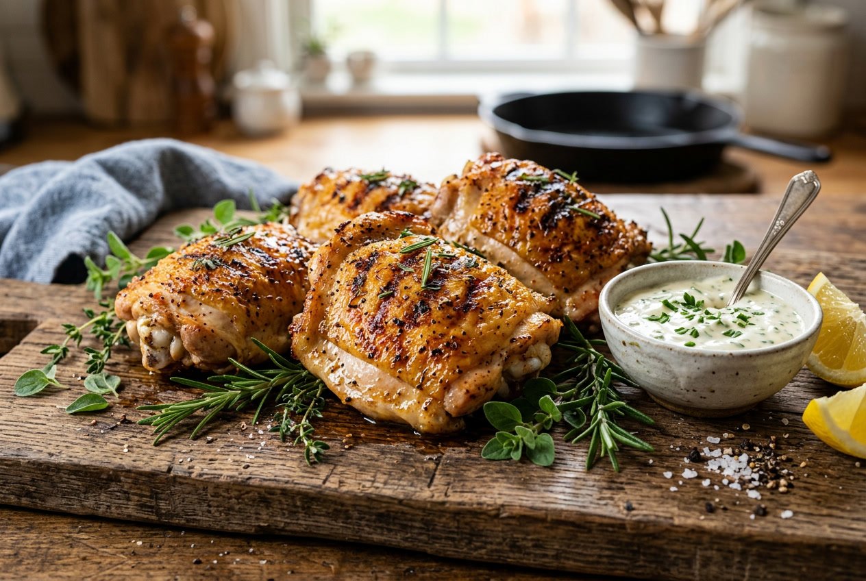 Close-up of cooked chicken thighs with crispy golden skin on a wooden cutting board, garnished with fresh herbs.