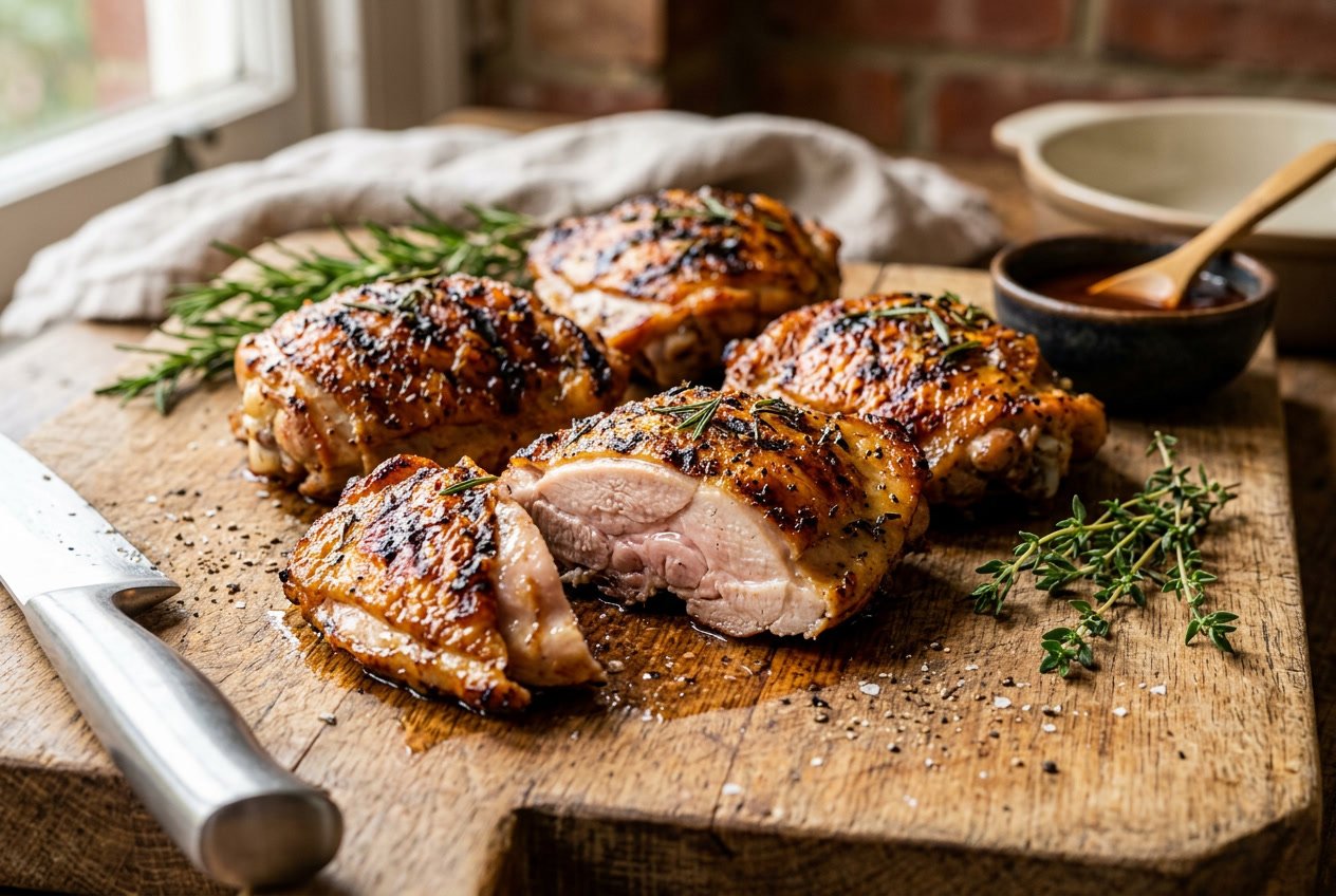 Close-up of golden-brown cooked chicken thighs on a wooden cutting board with fresh herbs and a carving knife nearby.