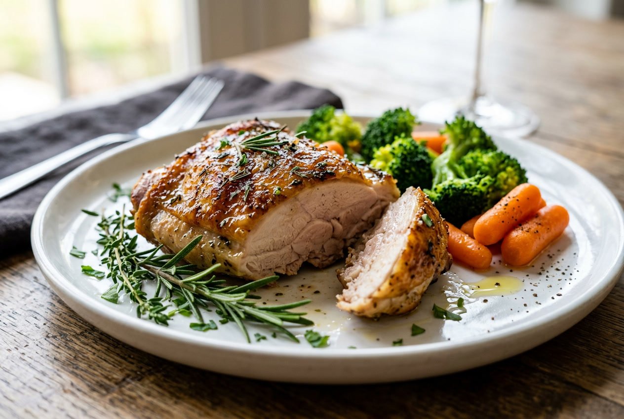 Close-up of a cooked chicken thigh with slightly pink interior on a white plate garnished with herbs and vegetables.