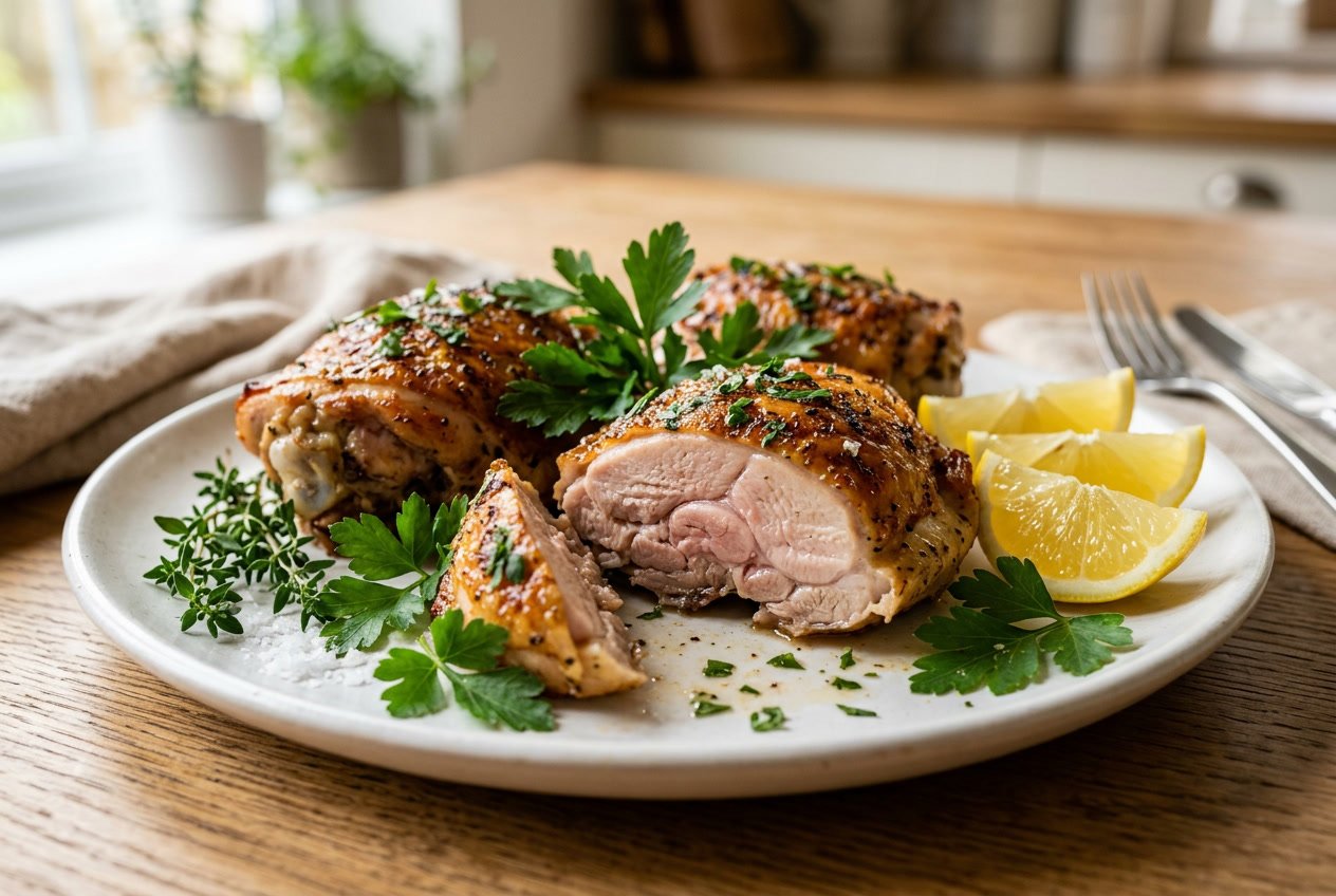 Close-up of cooked chicken thighs with a slight pink color on a plate garnished with herbs and lemon slices.