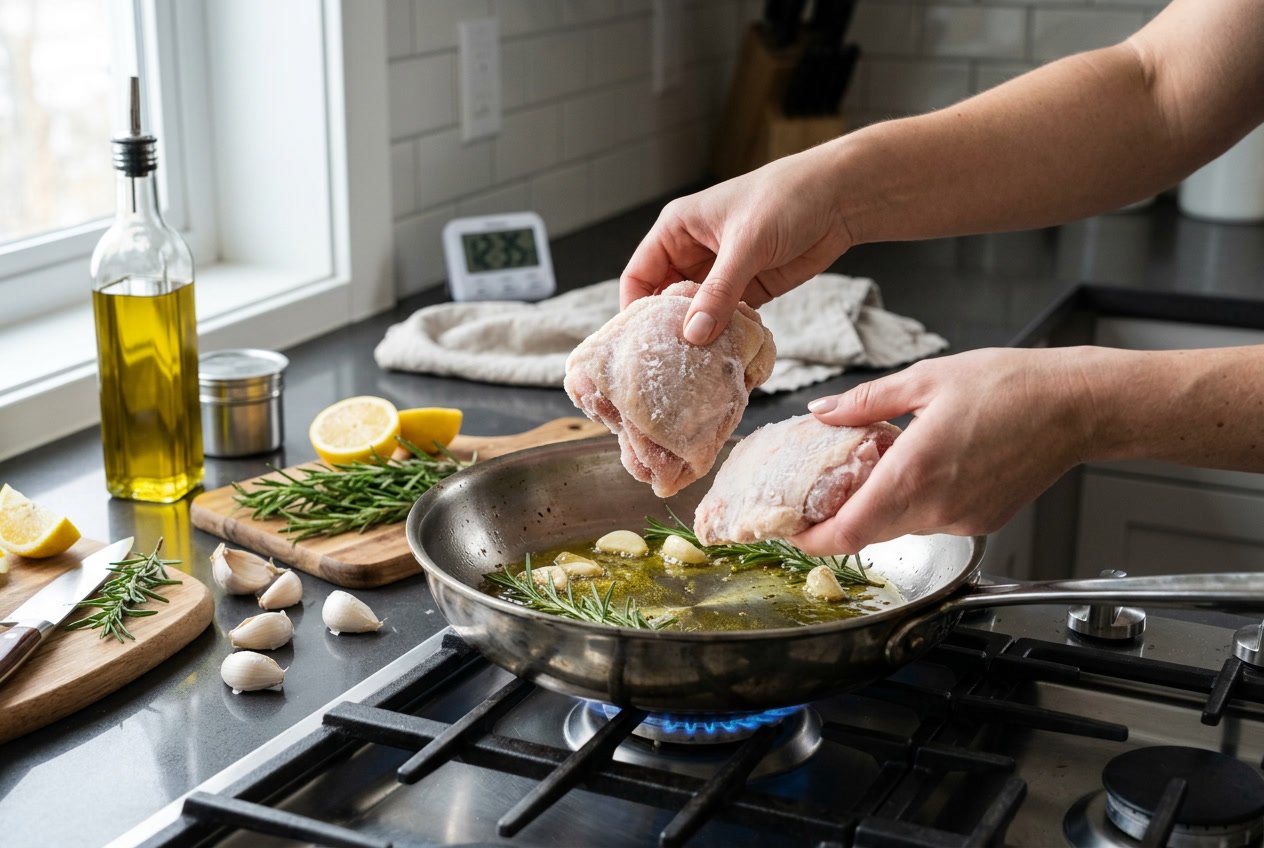 Hands placing frozen chicken thighs into a frying pan surrounded by fresh ingredients on a kitchen countertop.