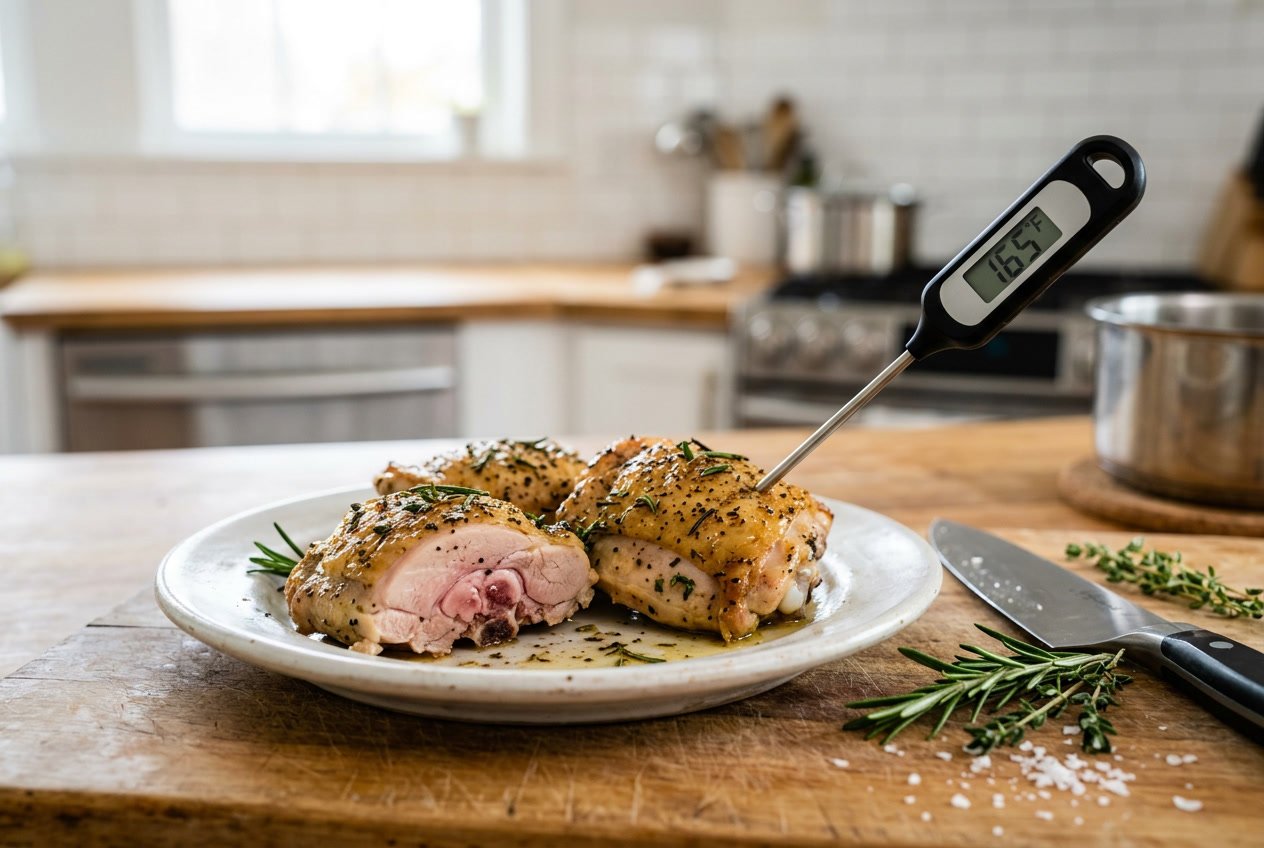 Close-up of cooked chicken thighs on a plate with a meat thermometer inserted, surrounded by fresh herbs and kitchen tools on a countertop.