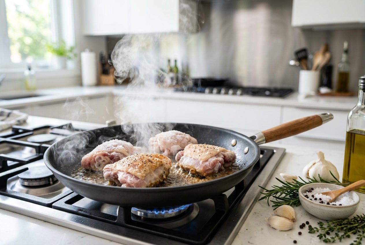 Raw chicken thighs cooking in a frying pan on a stove with steam rising, surrounded by fresh herbs and garlic in a kitchen.