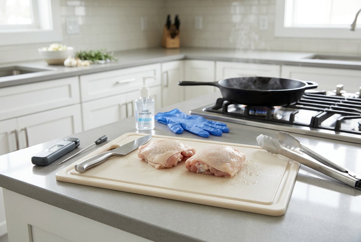 Raw chicken thighs on a cutting board with cooking tools and safety items in a clean kitchen setting.