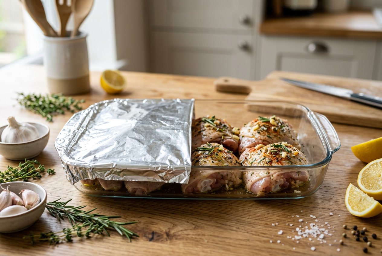 Raw chicken thighs in a glass baking dish, half covered with foil and half uncovered, on a kitchen countertop with fresh herbs and lemon wedges nearby.