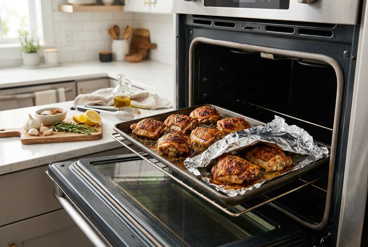 Oven with a baking tray of chicken thighs, some covered with foil and some uncovered, surrounded by fresh ingredients on a kitchen countertop.