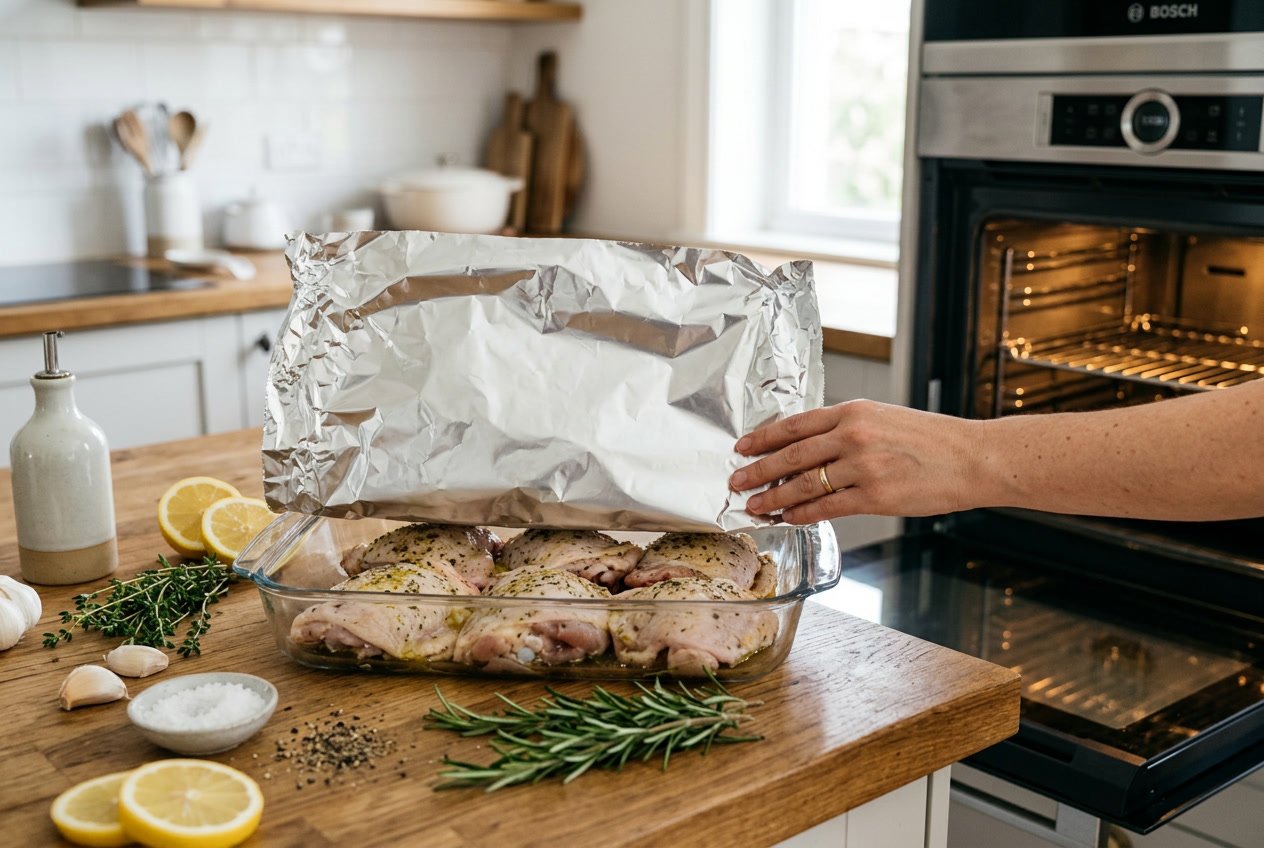 Raw chicken thighs covered with aluminum foil in a glass baking dish inside an open oven, surrounded by fresh herbs and lemon slices on a kitchen countertop.