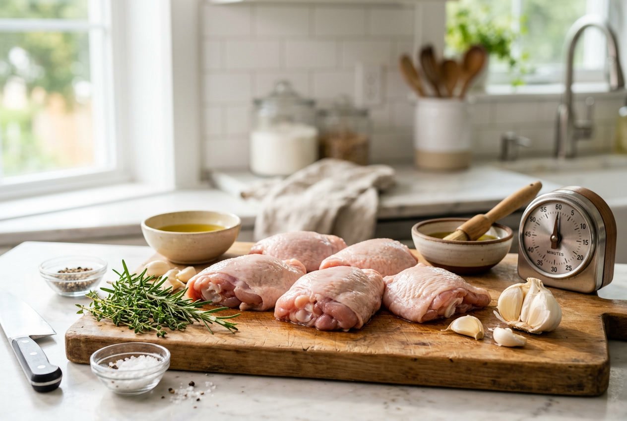 Raw chicken thighs on a wooden cutting board surrounded by herbs, garlic, and a kitchen timer in a bright kitchen.