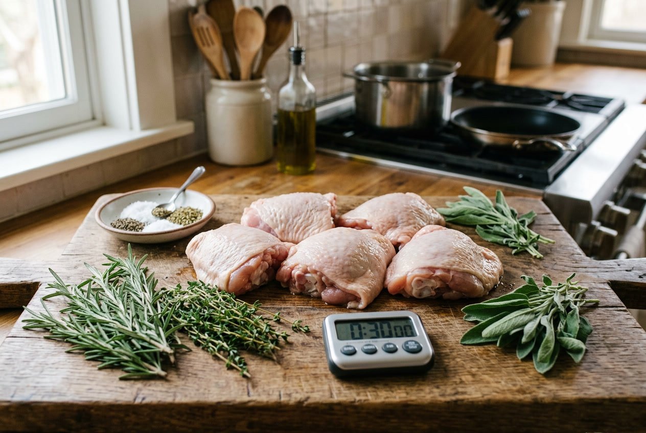 Close-up of raw chicken thighs on a wooden cutting board with herbs, seasoning, and a kitchen timer in a bright kitchen.