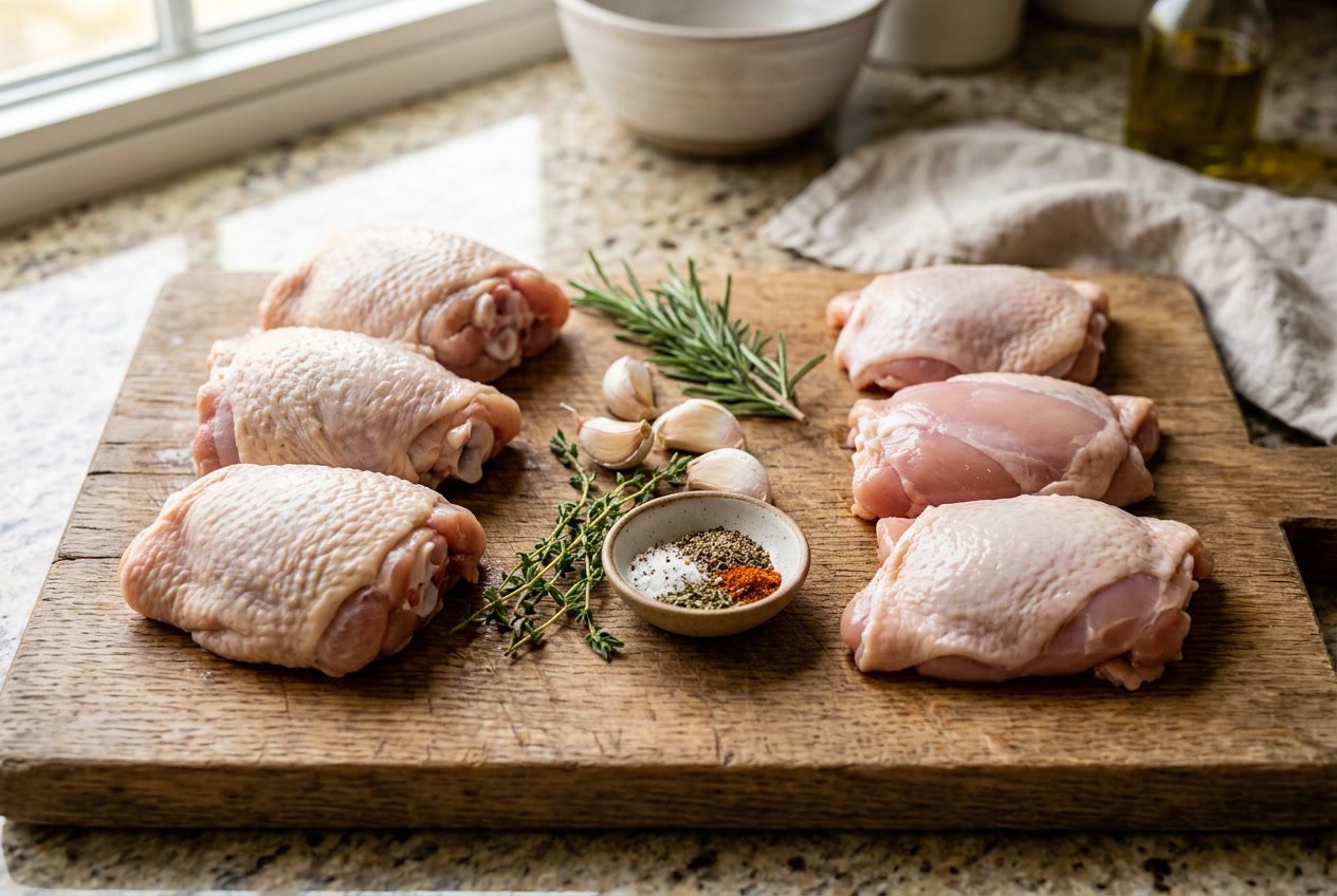 Close-up of bone-in and boneless chicken thighs on a wooden cutting board with herbs and garlic nearby.