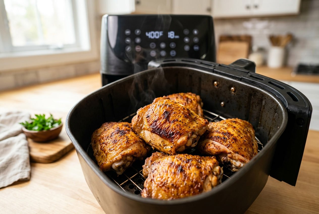 Close-up of cooked chicken thighs inside an open air fryer basket on a kitchen countertop.