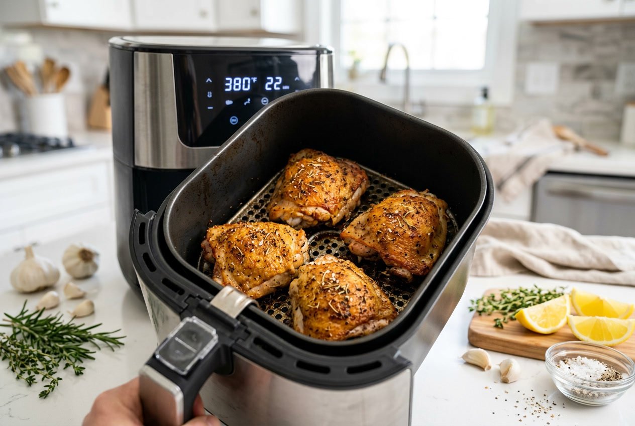 Golden brown chicken thighs in an air fryer basket on a kitchen countertop with fresh herbs and lemon wedges nearby.