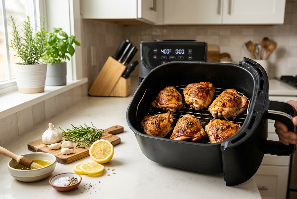 Golden brown chicken thighs cooking inside an open air fryer on a kitchen countertop with fresh ingredients nearby.
