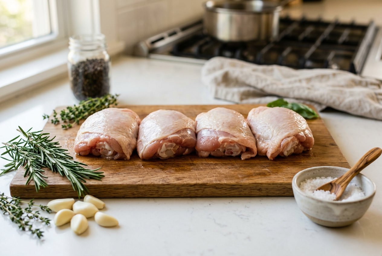 Four raw chicken thighs arranged on a wooden cutting board with fresh herbs and garlic nearby in a kitchen setting.