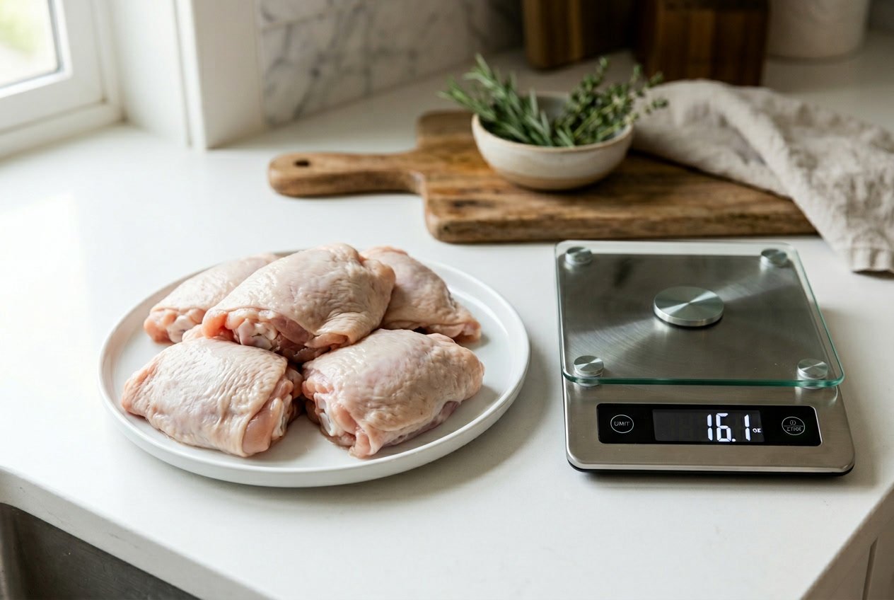 A plate of raw chicken thighs on a kitchen scale showing one pound, with kitchen utensils and fresh herbs in the background.
