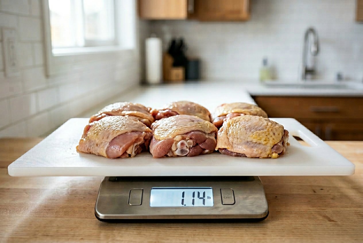 Raw chicken thighs on a cutting board placed on a kitchen scale in a modern kitchen.