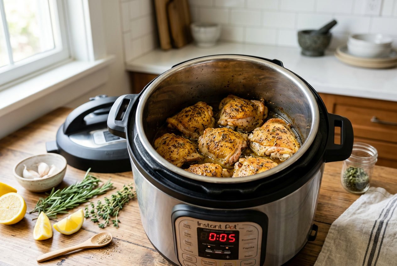 Cooked chicken thighs inside an open Instant Pot on a kitchen countertop with fresh ingredients nearby.