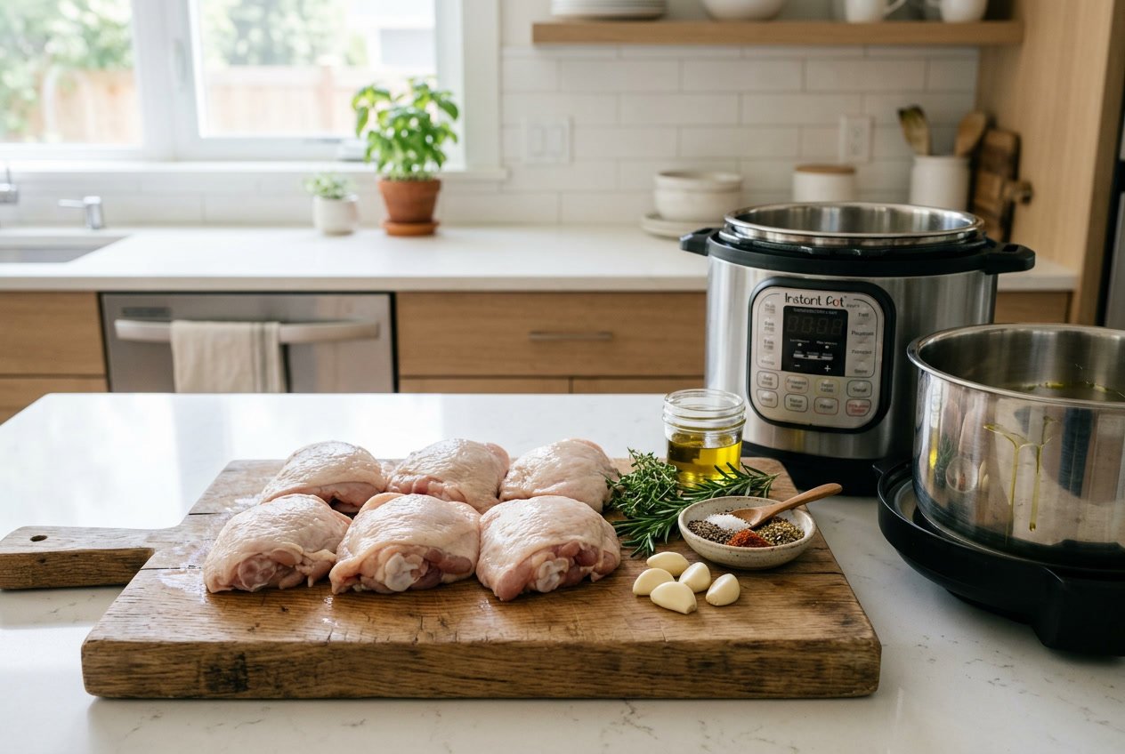 Fresh raw chicken thighs on a cutting board next to an open Instant Pot in a bright kitchen with herbs and spices nearby.