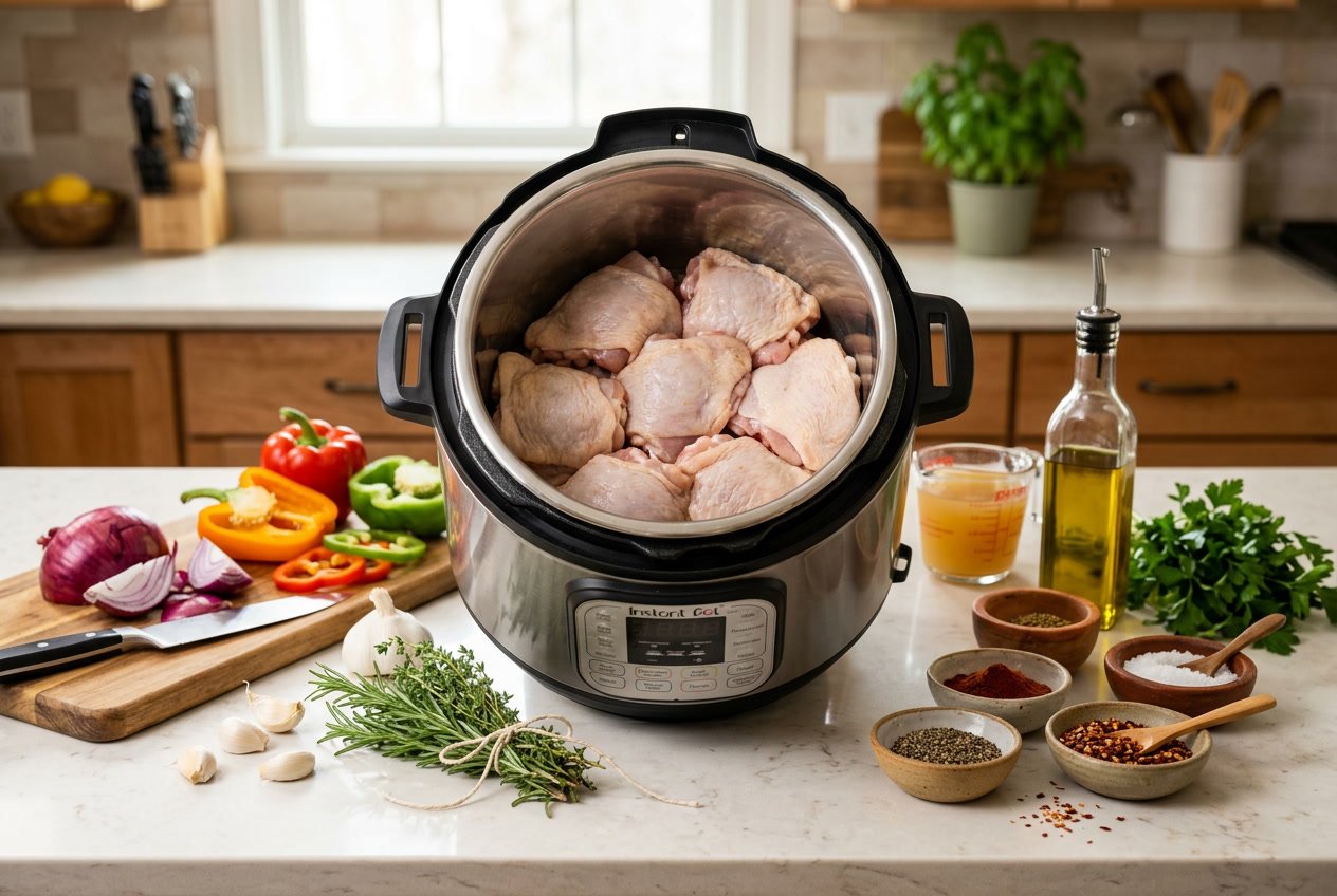 Raw chicken thighs in an Instant Pot surrounded by fresh herbs, garlic, spices, and vegetables on a kitchen countertop.