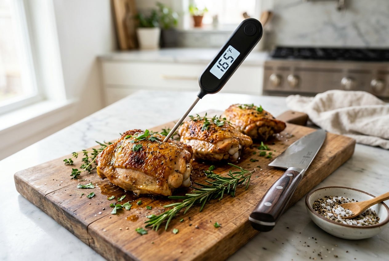 Cooked chicken thighs on a cutting board with a digital meat thermometer inserted, surrounded by herbs and kitchen tools.